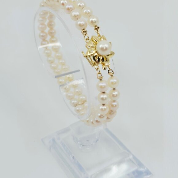 Unique 14K Karat Solid Yellow Gold Designer 2 Row Pearl Link Bracelet - 7.25" L - Picture 2 of 12